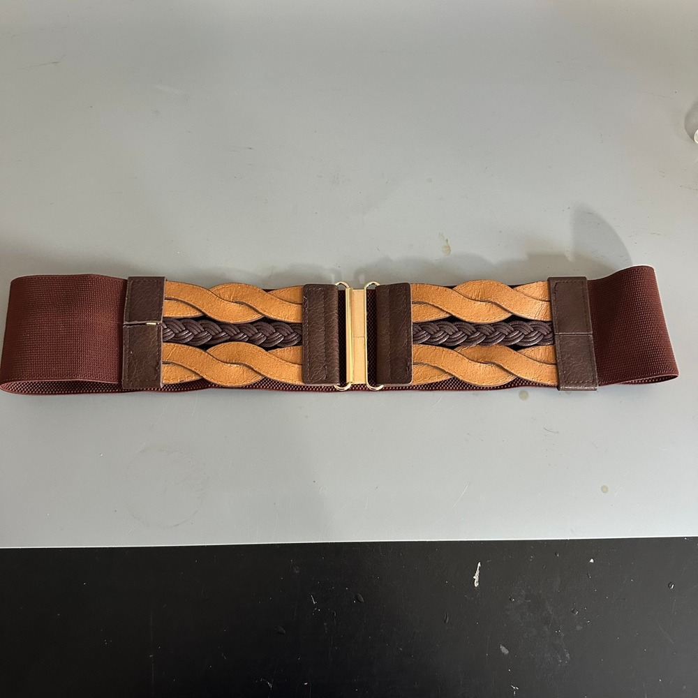 Vintage Style Brown Braided Cinch Belt Wide Elastic Waist Boho Gold Clasp